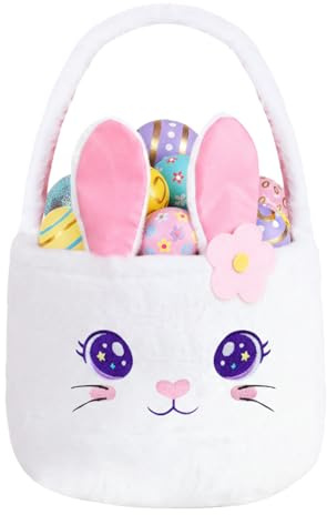PinkSheep Cesta de Pascua para niños, cesta de felpa para huevos de Pascua con asa, lindas cestas de almacenamiento de animales para niños y niñas (conejo blanco)