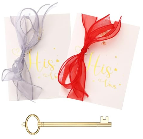 YOKIVE Wedding Day Vow Card Set, (7.87 x 5.51-Inch, Red/Grey), Vow Card with Key Shape Pen for Her & Him Ribbon Version A, Gold Foil, Great Gift for Bride Groom Bridal Wedding