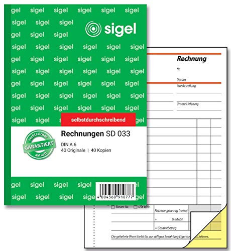 SIGEL SD033 Rechnungen A6, 2x40 Blatt, selbstdurchschreibend, 1 Stück, aus nachhaltigem Papier, Rechnungsblock