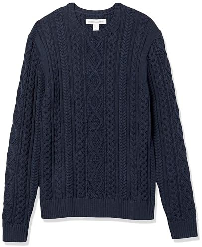Amazon Essentials Maglione da Pescatore Girocollo a Coste a Manica Lunga in Cotone 100% Uomo, Blu Marino, XL