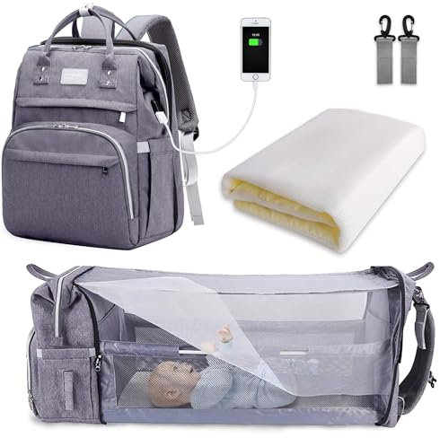SNDMOR Wickeltasche Rucksack, wickelrucksack mit bettfunktion Großer, Multifunktionale Diaper Bag Mit Wickelunterlage, Kinderwagen-Haken, Geeignet für Mama und Papa (Grau)