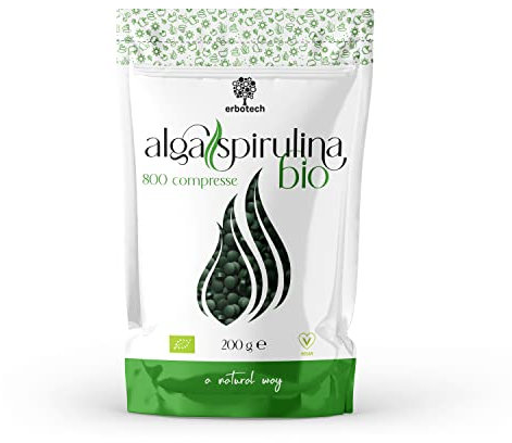 ERBOTECH Spirulina BIO in Compresse, Confezione da 200g, circa 800 Capsule, Alga 100% Biologica, Pura e Vegana, Fonte di Energia, Ricca di Proteine, Vitamine, Magnesio