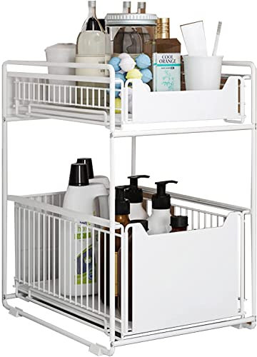 KOLENSA Cajón de almacenamiento debajo del fregadero, cajón organizador extraíble, cesta de almacenamiento deslizante de metal para cocina, encimera, despensa, baño, oficina escritorio (blanco)