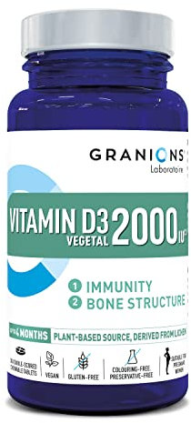 GRANIONS Vitamine D3 2000 Ui – Immunité Et Capital Osseux – Source Végétale Issue Du Lichen – 30 Comp à Croquer -jusqu’à 4 mois d’utilisation– Végétariens et Femmes Enceintes – Made In France
