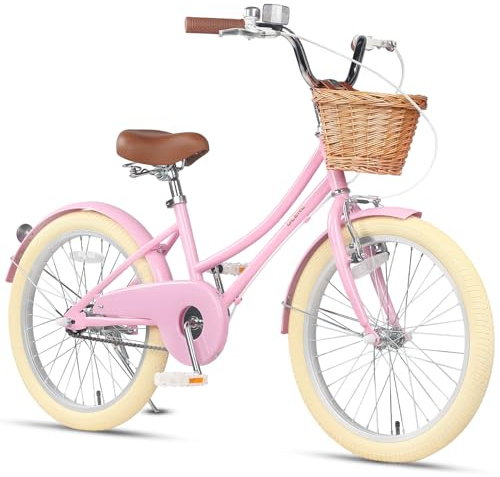 Glerc 20 Inch Kids Girls Bike for 6 7 8 9 10 Years Old Little Girls Retro Vintage Style Bicycles with Basket,Stabilisers and Bell,Color Pink