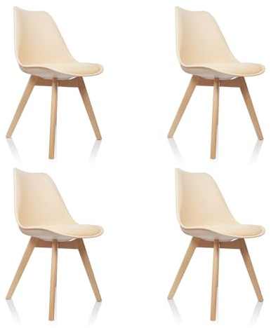 hjh OFFICE 661012 Silla de Comedor Juego de 4 Scandi Plastic Beige Patas de Madera Maciza Haya, Silla tapizada Diseño Retro