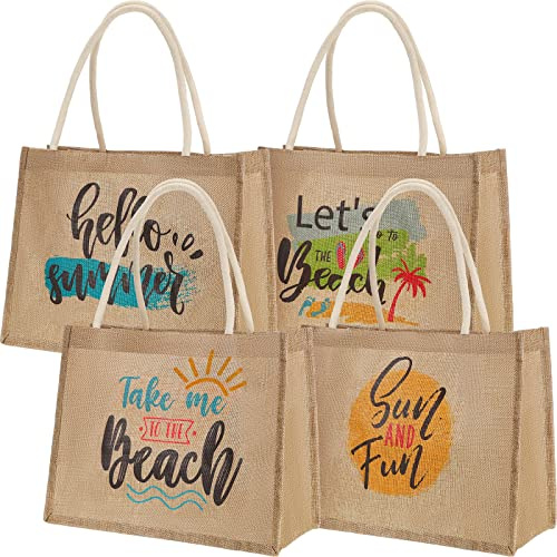 Sweetude Burlap Tote Bags with Handles for Women Burlap Tote Summer Straw Beach Bag 13.8 x 5.9 x 10.6 Inches(Beach)