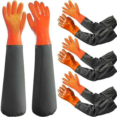 Shellwei 4 Pairs Chemical Resistant Rubber Gloves 27 Heavy Duty Waterproof Aquarium Long Gloves for Chemical(Simple)