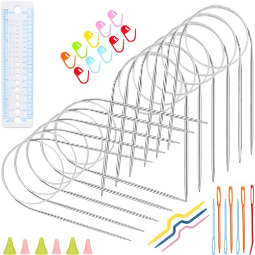 Katech 11 Stück Rundstricknadeln, 60cm Lange Rundstricknadeln Edelstahl mit Strickzubehör, 1,5-5,0 mm Kleine Größe Rundstricknadel Set für Schals Teppich Pullover