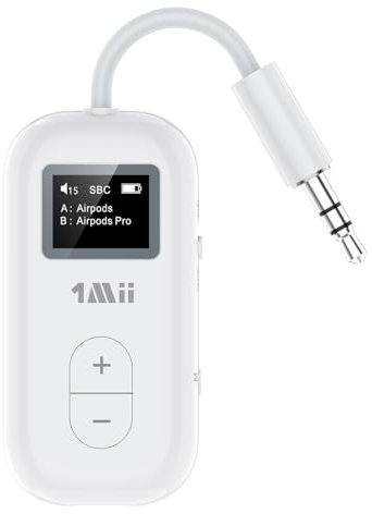 1Mii SafeFly Transmisor Bluetooth 5.3 Dual con Pantalla OLED para hasta 2 Auriculares Inalámbricos, con aptX HD/AD/LL, Uso con Conector de Audio de 3,5 mm en Aviones/Gimnasio/TV/iPad/tabletas