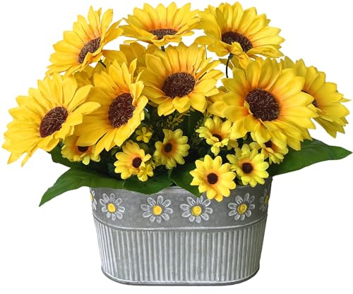hopeme Artificial Flowers Fake Sunflowers in Pot, Faux Silk Flowers Floral Table Centerpiece Decoration, Rustic Potted Greenery for Farmhouse Home Décor