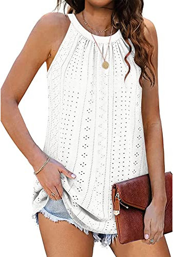 WNEEDU Damen Tank Tops Elegante Neckholder Oberteile Sommer Ärmellose Tanktop Blusen Top Shirts Weiß M