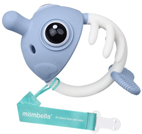 Juguetes para la dentición de bebés a partir de 3 meses con clip para el chupete, Mordedor Mombella Pez Payaso 6-12 meses, Juguete de silicona suave para masticar para recién nacidos, Azul