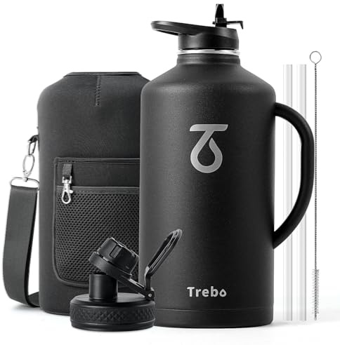 Trebo 3.8 L Water Bottle Insulated Stainless Steel with Side Handle & Pouch | One Gallon Metal Large Jug with Straw Spout Lids, Triple Wall Vacuum, Dishwash safe, Keep Cold 48 Hrs Hot, for Hiking, Gym