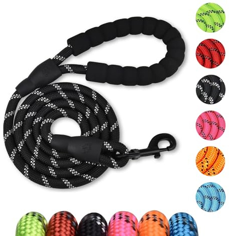 Ledeak Rope Dog Lead, 2 m Reflective Dog Leash with Soft Padded Handle, Nylon Strong Anti Pull Slip Lead, Durable Slip-On Rope Leash, Dog Training Leads for Puppy, Small, Medium, Large Dog (Black)