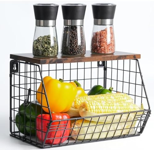 Gaethra Corbeille à Fruits, Corbeilles à Fruits en Métal à Suspendre, Empilable Bac à Etagère Rrange Legumes Cuisine, avec un Couvercle en bois et 4 Crochets pour le Stockage et le Rangement
