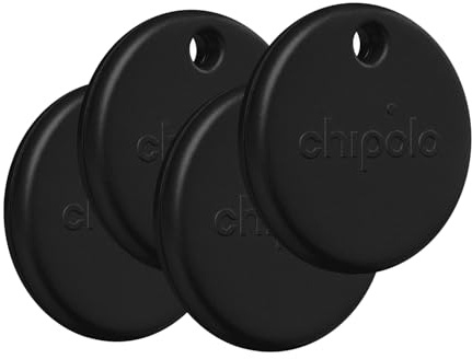 Chipolo POP Tracker Tag - Colorful, Compatible, Loud Bluetooth Tracker with Call Your Phone & Out of Range Alert, Works with Find Hub on Android or Apple Find My (4 Pack (Black))
