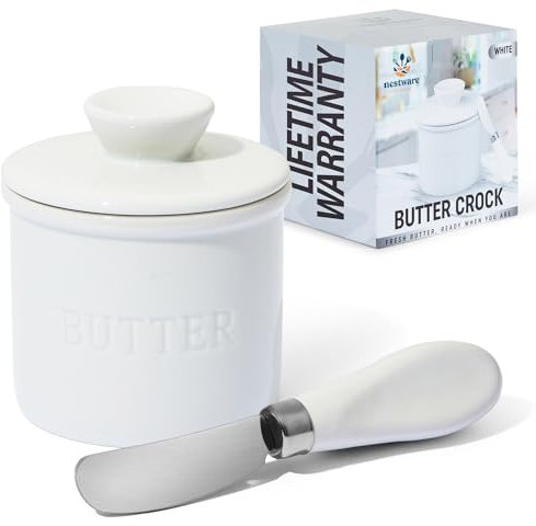 Nestware Kitchen Porcelain Butter Crock with Lid & Knife – French Butter Dish for Fresh, Spreadable Butter (White, One Size)