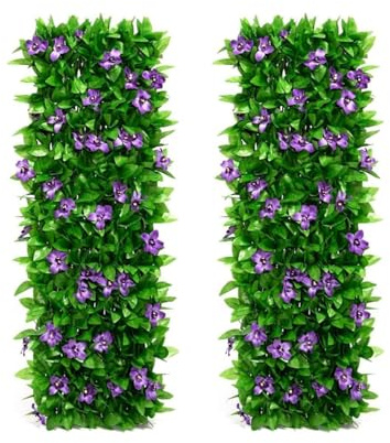 Max 200 * 40cm Expanding Garden Flower Trellis Panels, Privacy Screen Garden, Fence Screening, Gardenss Fence Screening, Gardens Fences Screeningss with Artificial Ivy and Violet Flower (2 pcs)
