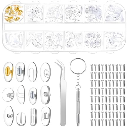 60 Pairs Eyeglass Repair Kit, 12 Styles Soft Silicone Glasses Nose Pads, with 80 Screws Tweezers Screwdriver Small for Glasses