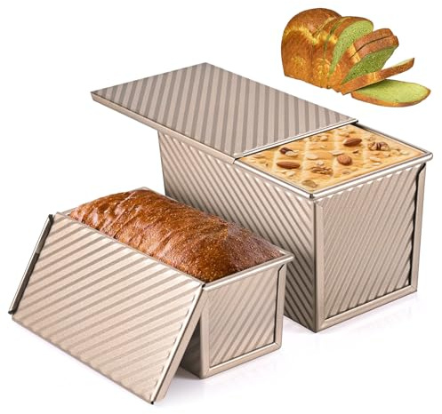 MumdoYAL 2 Pièces Moule Pain de Mie,Pour Gâteaux et Pâtisserie, Moule Brioche avec Couvercle, 230 g et 450 g, Facile à Démouler et Nettoyer,Doré