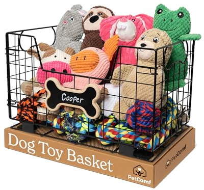 Metal Dog Toy Basket for Dogs and Cats (15” x 10” x 9”) - Heavy-Duty Storage Bin Holds Pet Chew Toys, Bones, Ropes, Blankets, Towels, Treats - Large Dog Toy Box for Living Room Area Organization