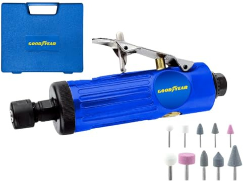 Goodyear - Pneumatisk rak slipmaskin, kompressorkomplement, professionell 2 2 000 rpm 1/4 tum och 1/8 tum, aluminiumlegering, sats med 10 skärstenar, 2 x borrchuck och tillbehör ingår