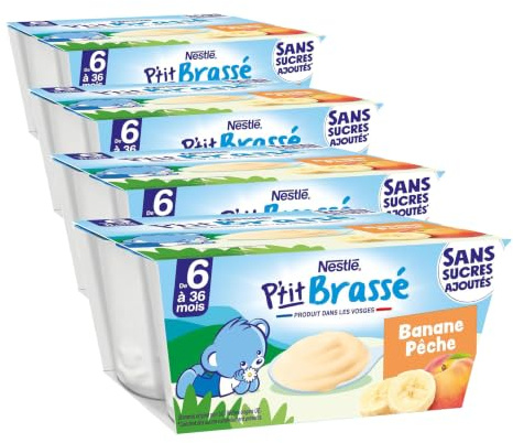 Nestlé Bébé - P'tit Brassé - Laitage Pêche Banane sans sucres ajoutés - dès 6 mois - 4 x 90g (Lot de 4)