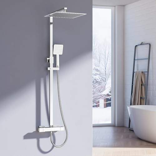 Heilmetz Duschsystem mit Thermostat Regendusche Duschset, 304 Edelstahl Duschsäule mit Kopfbrause und Handbrause, Eckig 30x30cm Regenbrause Verstellbarer Duschstange 800-1180mm Chrom