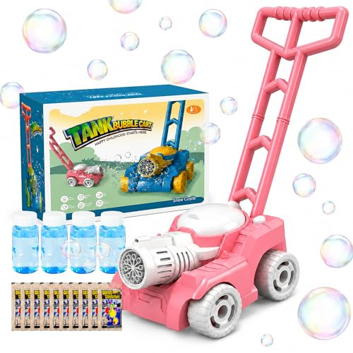 SaiXuan Cortacésped de Burbujas para Niños con Luz, Máquina de Burbujas para Exterior, con 4 Botes de 50 ml y 10 Sobres Concentrados, Juguete Rosa para Jardín, Patio y Parque