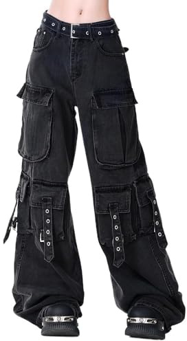 Jeans Baggy Cargo for femmes, pantalon en denim à jambes larges taille haute, poches multiples, ceinture réglable, streetwear, Y2K, utilitaire, punk