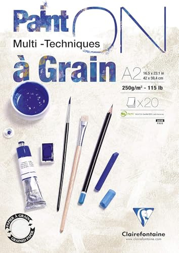 Clairefontaine - Ref 975051C - Paint'ON Multi-Technique Paper with Grain Glued Pad (20 Sheets) - A2 Size, 250gsm Heavyweight Paper, Extra White Acid Free, pH Neutral