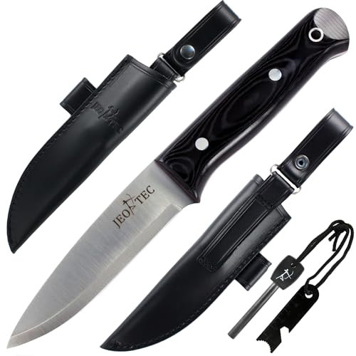 JEO-TEC Nº18 Coltello da Caccia Outdoor Sopravvivenza Campeggio Pesca Arrampicata - Lama in acciaio Sandvik 14C28N / HRC 57-59 - Fodero per Cintura in pelle + ferrocerio (firesteel)