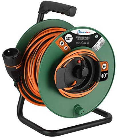 Electraline 208666 Rallonge Prolongateur Jardín avec Enrouleur 40M 3G1.5mm avec Fiche Femelle Français Electralock équipée d'un système de verrouillage qui empêche la déconnexione fiche-prise