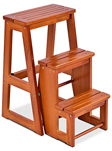 Maxmass 3-Tier Step Stool, Folding Ladder Stool, Foot Stools Ladder Flower Shelf Portable Wooden Stepladder for Kids Adults, Max Weight 150kg (Brown)