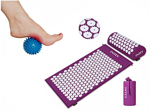 Acupressure Mat Pillow Set & Travel Bag Massage Ball Muscle Back Neck Shoulders Legs Chest Pain Stress Tension Relief (Purple & White)