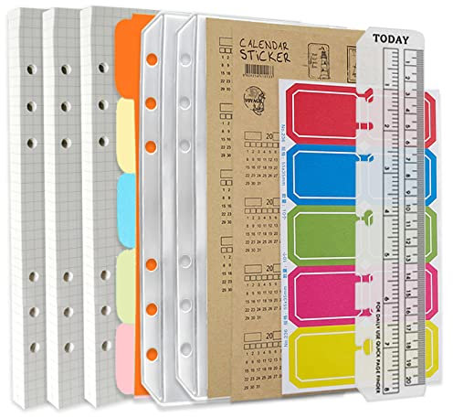 DY.2ten A5 6-Loch-Notizbuch-Set 135 Blatt (270 Seiten) kariertes Papier + 2 A5-Reißverschluss-Bindertaschen + 5 Trennblätter im A5-Format + Register mit Datum + Lineal, 2207HYA5FGEN