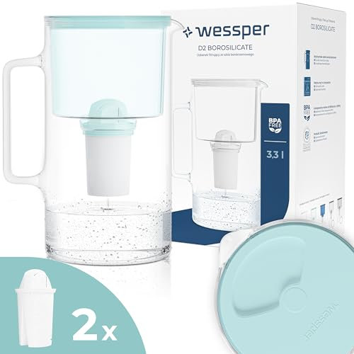 Wessper Caraffa Filtrante 2,5 litri, set di caraffa filtrante vetro con 2 filtri classic, caraffa acqua compatibile con Brita Classic, Dafi Classic – Menta