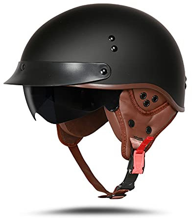 BOSERMEM Motorradhelm Mit Schutzbrille DOT/ECE-Zugelassen, Jet Roller Scooter Moped Mofa Chopper Vintage (Matt-Schwarz, M 57-58cm)