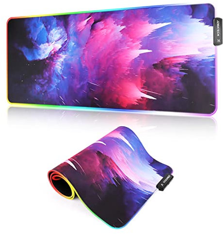 JZMATECH Alfombrilla de Ratón RGB, XXL Mousepad Alfombra Gaming 800x300mm Tapete de Juego Extra Grande, 14 Modos Iluminación, 7 Colores LED para Jugadores PC, Entrada USB Adicional (Graffiti Morado)