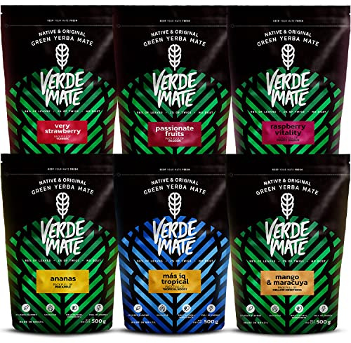 Verde Mas IQ Mate Ananas, Fraise, Framboise, Mangue et Maracuya, Papaye, Service à Thé 6 x 500 g, Brésilien