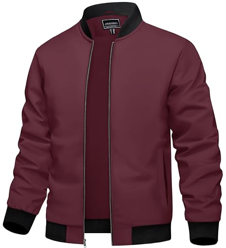 TACVASEN Chaqueta Bomber de Hombre Para Verano - Universitaria, de Piloto, de Transición - Vino Rojo, S