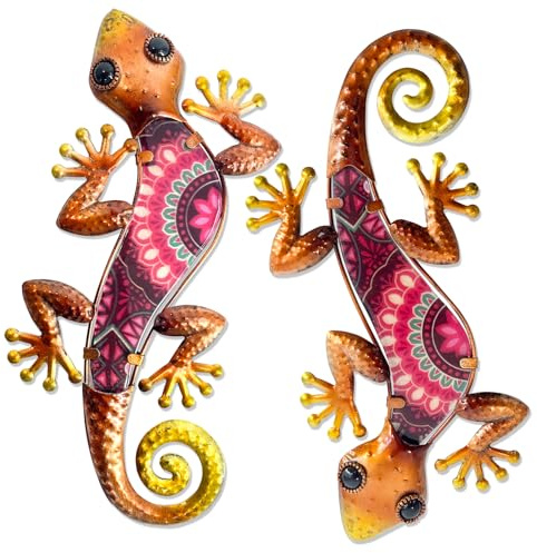 HONGLAND Lot de 2 décorations murales d'extérieur en métal - Lézard - Sculpture en verre pour jardin, cour, terrasse, clôture (rouge)