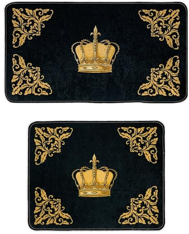 Badezimmerteppich Badematte Duschmatte Badvorleger Duschvorleger Fußmatte Krone Muster Set 2 teilig in schwarz Gold - rutschfest waschbar Fussbodenheizung geeignet flauschig - 2er SET, Design3: Krone