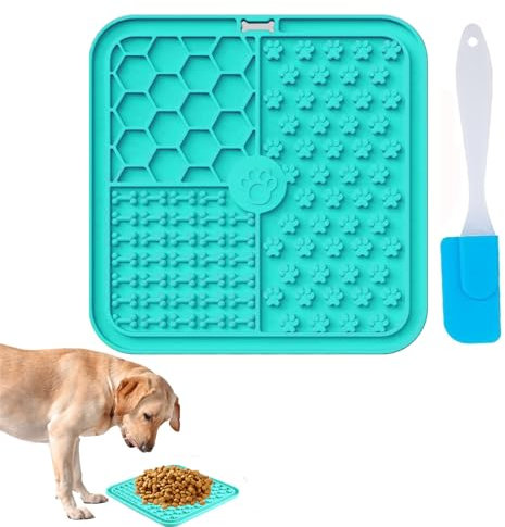 JIEYUCHU Leckmatte Hund, Premium Hundenapf, Schleckmatte Katze, Leckmatte für Hunde für Baden, Mat Slow Feeder für Hunde und Katzen mit Saugnapf und Silikonspatel, Einfach zu Säubern (Blau)