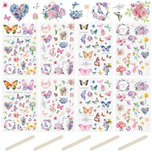 WANDIC Lot de 16 feuilles d'autocollants de transfert à frotter, motif papillons, imperméables, fleurs, scrapbooking, pour fabrication de cartes, cartes de vœux, emballage cadeau, décoration