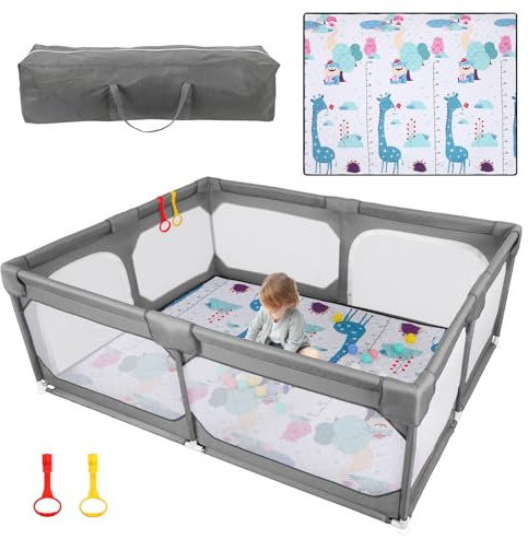 JINXIA Laufstall Baby 190x150cm,Laufgitter Baby für Babys mit weichem, atmungsaktivem Netzgewebe, zusammenklappbarer, klettersicherer und sturzsicherer,Große Sicherheitsspielplatz,Grau
