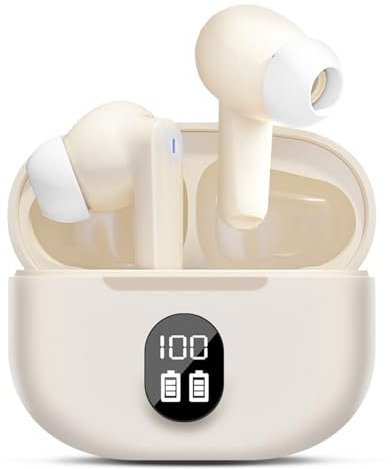 Dinow Auriculares inalámbricos Bluetooth, 5.3 HiFi Auriculares in-Ear estereos inalambricos, Pantalla LED, Cascos inalambricos con micrófono ENC, IP6 a Prueba de Agua para iOS/Android-Beige