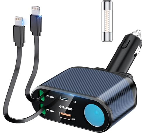 OHLPRO 5 en 1 Chargeur de Voiture Retractable, 168W Multi Prise Adaptateur Allume Cigare USB C, 5 Ports Dual Cable Rapide Charge PD 3.0 Allume, Compatible avec iPhone,Samsung, Xiaomi, GPS, Tablette