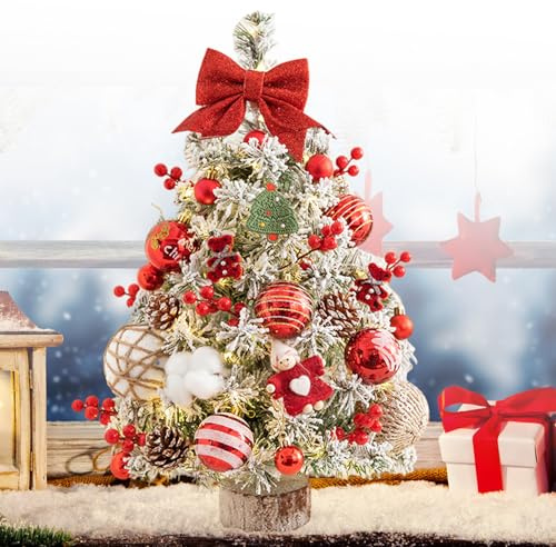 60 CM Albero di Natale Piccolo, Albero di Natale da Tavolo con Illuminazione, Mini Albero di Natale con Neve, Albero di Natale Piccolo con Luci Incorporate, Albero di Natale da Scrivania